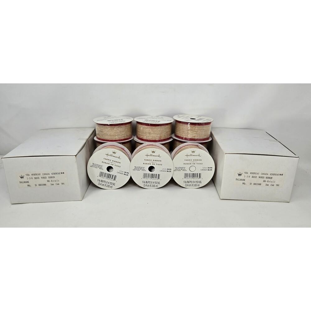 Hallmark Fabric Ribbon Beige Red 12 Rolls 1-3/8" x 4 Yards Each Sealed Bows
